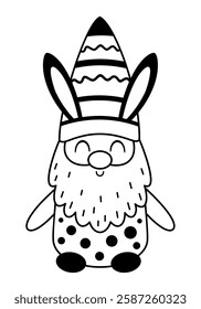 Black and white Easter gnome clipart. Happy Easter day. Cute gnome doodle in cartoon flat style. Hand draw vector illustration