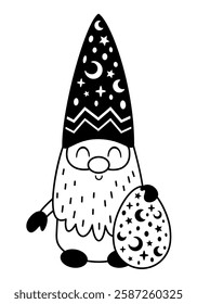 Black and white Easter gnome clipart. Happy Easter day. Cute gnome doodle in cartoon flat style. Hand draw vector illustration