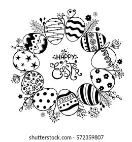 Black and white Easter greeting card with lettering. Hand drawn sketch illustration with Easter eggs, flowers, plants made in circle.