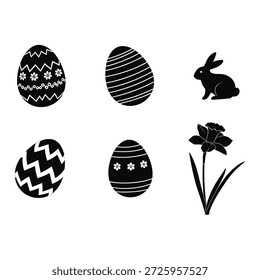 Iconos blancos y negros de la pascua incluyendo los huevos, el conejo, y la flor