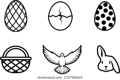 Iconos blancos y negros de la Pascua incluyendo la paloma de la cesta de los huevos y el conejo