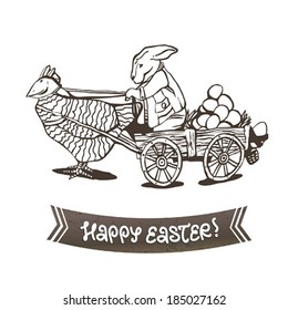 Black and white Easter illustration with bunny and chicken
