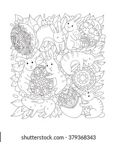 Black and white Easter illustration of rabbits and eggs in foliage and flowers in cartoon style.