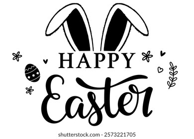 Black and white Easter lettering design with bunny ears, calligraphy, floral elements, hearts, and an Easter egg for festive seasonal decorations and greeting card, shirt designs. Vector art