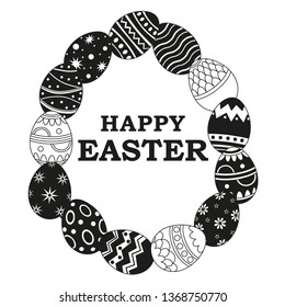 Black and white easter poster. Pattern eggs for kids coloring. Christian holiday vector illustration for certificate, brochure, gift card, poster, leaflet, sale coupon or banner decoration