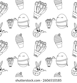 Black and white Easter seamless pattern featuring decorative anthropomorphic Easter eggs, potted tulips, and festive holiday elements. Perfect for coloring page, kids, wrapping paper, and activities.