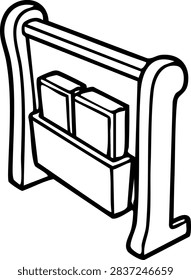 Black and white Easter and spring family traditions line art of quiet church pew corner with hymnal rack holding unmarked books.