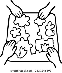 Black and white Easter and spring family traditions line art of family puzzle table with spring-shaped pieces and no printed image.