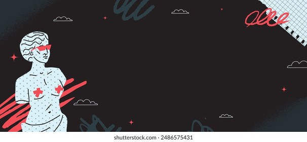 A black and white eccentric banner with a figure of Venus with strokes of red paint. Vector design template.