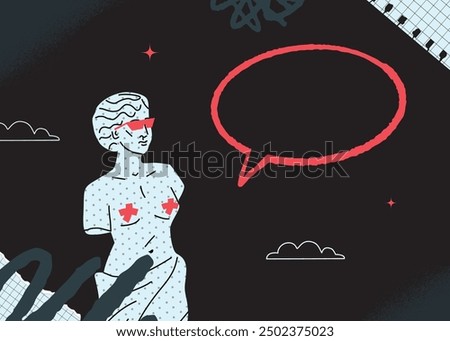A black and white eccentric design of post or banner with a figure of Venus with strokes of red paint and an empty bubble. Vector design template