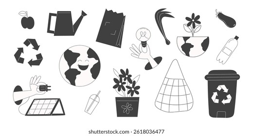 Black and White Eco Icons Set. Flat Vector Elements for Sustainable Living, Recycling, and Mindful Consumption.