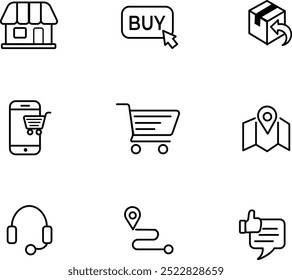 Black and White Ecommerce Icon Set. A Collection of Thin Line Icons Representing Online Stores. Vector Illustration EPS 10.