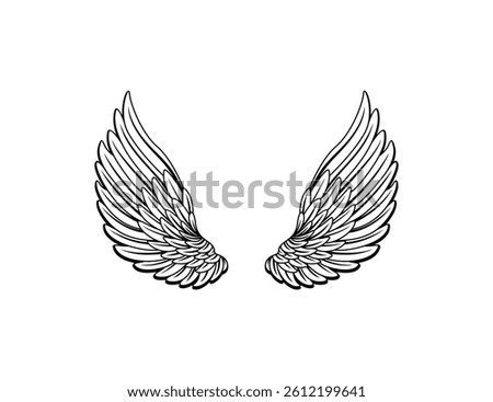 black and white editable wings vector, wings angle, black and white, hawk eagle wings, bird wing, feather. Illustration silhouette art of angel wings set for t-shirt elements, coloring page vector