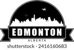 Black and white Edmonton Alberta Canada city buildings skyline negative air space silhouette dome shaped emblem with scroll banner below and name text inside. Vector eps graphic design.