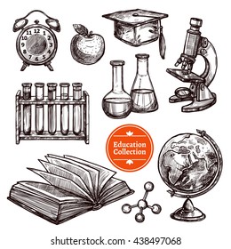 Black and white education hand drawn sketch set with different tools for science and studying on white background isolated vector illustration