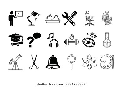 Black and white education icon set featuring school subjects, science, sports, art, tools, and classroom essentials.
