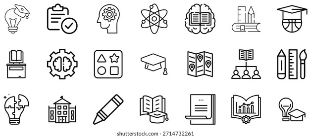 Conjunto de educación y aprendizaje en blanco y negro con veintiún símbolos