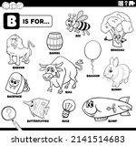 Black and white educational cartoon illustration of comic characters and objects starting with letter B set for children coloring book page