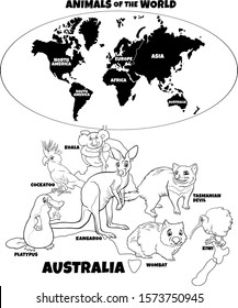 Black and White Educational Cartoon Illustration of Australian Animals and World Map with Continents Coloring Book Page