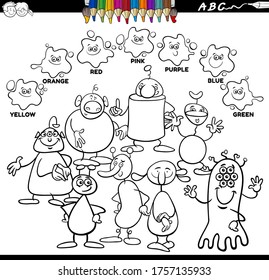 Black and White Educational Cartoon Illustration of Basic Colors with Aliens or Fantasy Characters Group Coloring Book Page