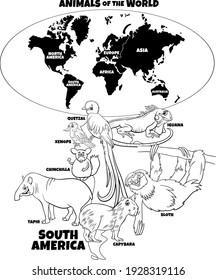 Caricatura educativa en blanco y negro ilustra los animales sudamericanos y el mapa del mundo con la página del libro de colorear continentes