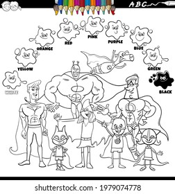 Black and white educational cartoon illustration of basic colors for children with superheroes fantasy characters group coloring book page