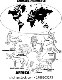 Black and white educational cartoon illustration of African animal species and world map with continents shapes coloring book page