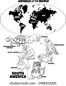 Black and white educational cartoon illustration of South American animal species and world map with continents coloring book page