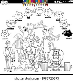 Caricatura educativa en blanco y negro ilustra los colores básicos para los niños con un grupo de atletas de diversas disciplinas coloriendo página de libros