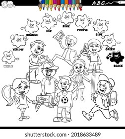 Schwarz-Weiß-Cartoon-Illustration von Grundfarben mit SchülerInnen-Gruppe-Malbuchseite
