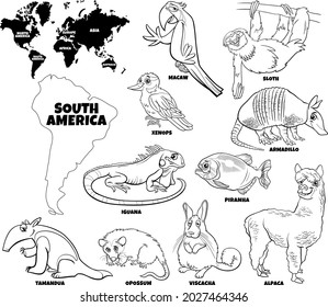 Black and white educational cartoon illustration of South American animal species set and world map with continents shapes coloring book page