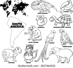 Black and white educational cartoon illustration of South American animal characters set and world map with continents shapes coloring book page