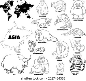 Black and white educational cartoon illustration of Asian animal species set and world map with continents shapes coloring book page svg