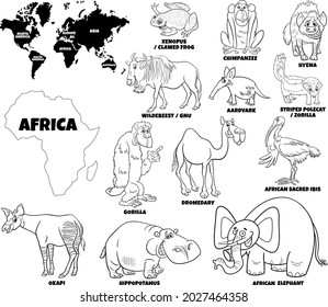 Black and white educational cartoon illustration of African animal species set and world map with continents shapes coloring book page