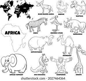 Black and white educational cartoon illustration of African animal characters set and world map with continents shapes coloring book page