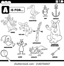 Black and white educational cartoon illustration of comic characters and objects starting with letter A set for children coloring book page