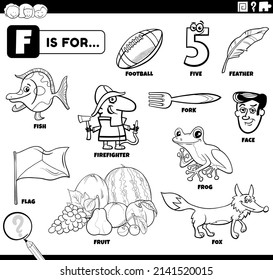 Black and white educational cartoon illustration of comic characters and objects starting with letter D set for children coloring book page
