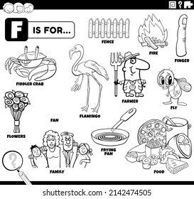 Black and white educational cartoon illustration of comic characters and objects starting with letter F set for children coloring book page
