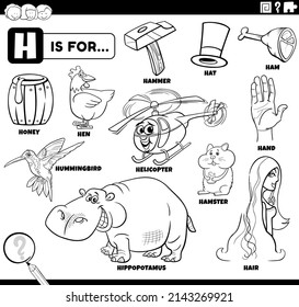 Black and white educational cartoon illustration for children with comic characters and objects set for letter H coloring book page