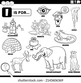 Black and white educational cartoon illustration for children with comic characters and objects set for letter I coloring book page