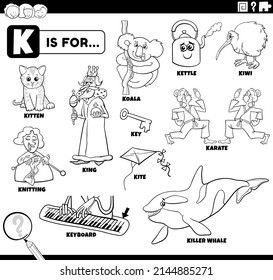 Black and white educational cartoon illustration for children with comic characters and objects set for letter K coloring book page