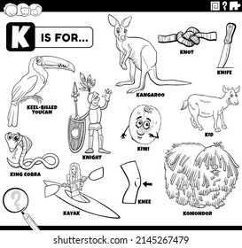 Black and white educational cartoon illustration for children with comic characters and objects set for letter K coloring book page