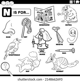 Black and white educational cartoon illustration for children with comic characters and objects set for letter N coloring book page