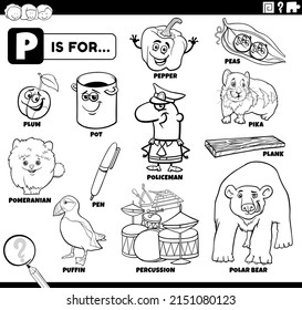 Black and white educational cartoon illustration for children with comic characters and objects set for letter P coloring book page
