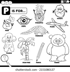 Black and white educational cartoon illustration for children with comic characters and objects set for letter P coloring book page