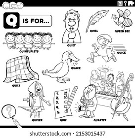 Black and white educational cartoon illustration for children with comic characters and objects set for letter Q coloring book page