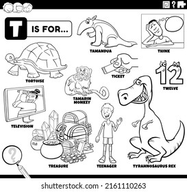 Black and white educational cartoon illustration for children with comic characters and objects set for letter T coloring book page