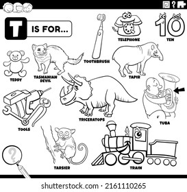 Black and white educational cartoon illustration for children with comic characters and objects set for letter T coloring book page