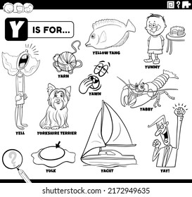 Black and white educational cartoon illustration for children with comic characters and objects set for letter Y coloring page