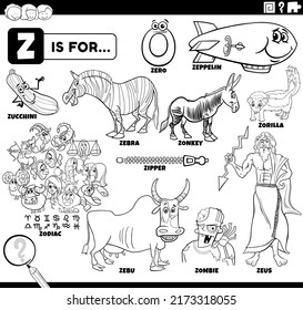 Black and white educational cartoon illustration for children with comic characters and objects set for letter Z coloring page
